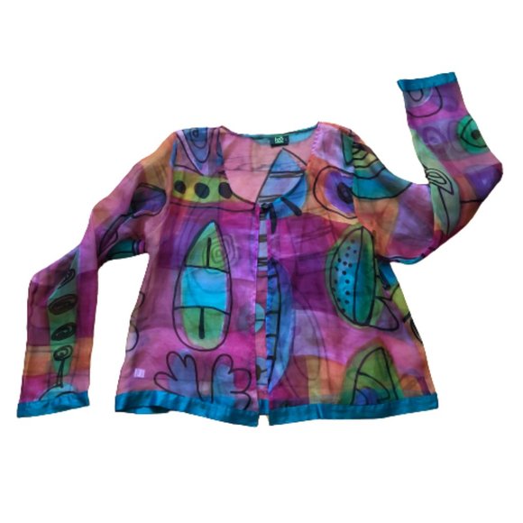 100% Silk Sheer Organza Hand Painted Colorful Top - Picture 13 of 15